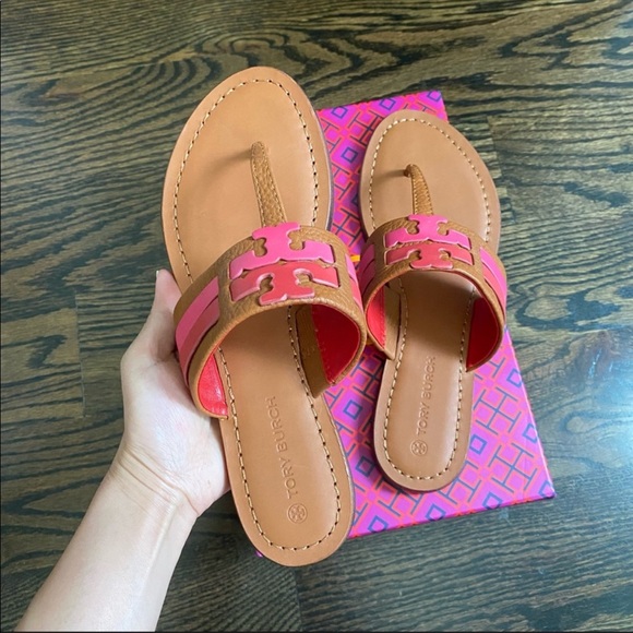 *SOLD* TORY BURCH Leigh Calf Leather Thong Flats Sandals BROWN PINK SIZE 7 NIB - Picture 1 of 7